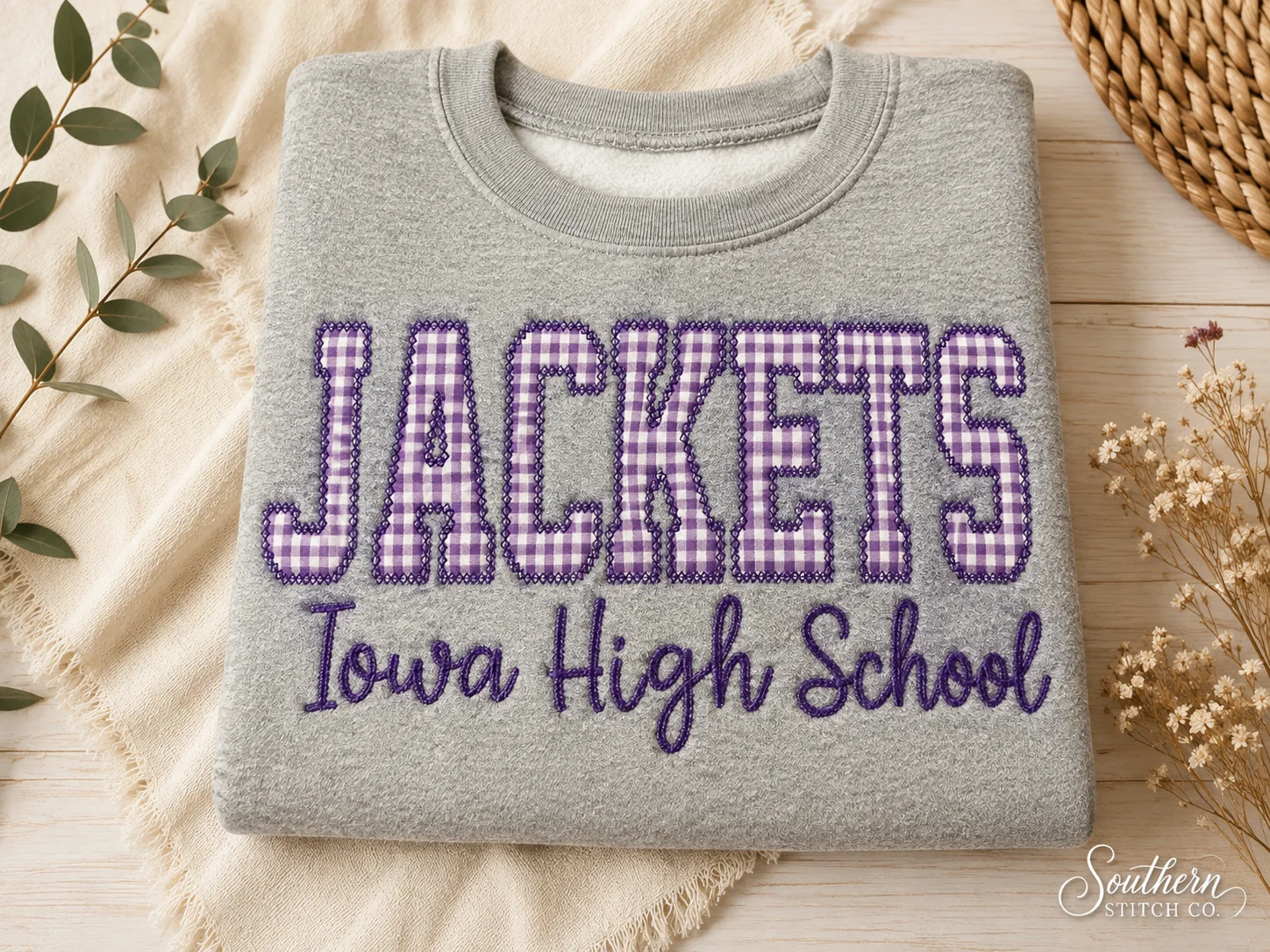 Gray Iowa High School Jackets sweatshirt with lavender gingham appliqué.